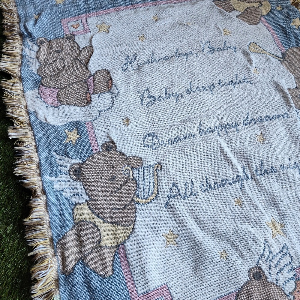 Hallmark Tapestry Nursery Throw Blanket Goodwin Weavers Angel Bears Fringe 36x46 - Picture 3 of 9